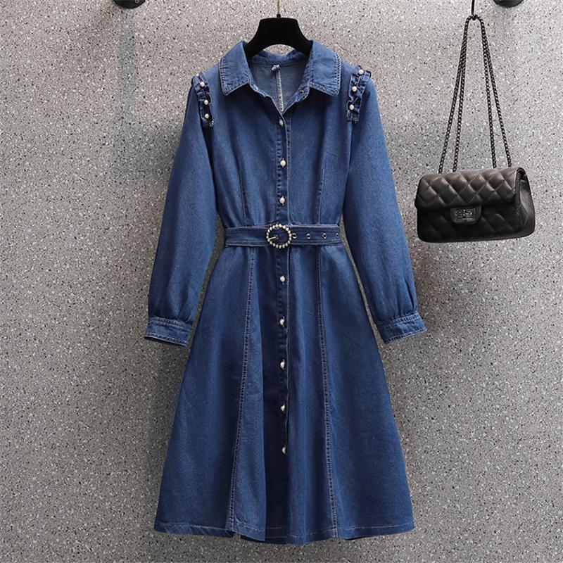 

Plus Size Dresses Spring Autumn Denim Dress Women Full Sleeve Ruffle Button Jeans -4XL Korean Fashion Vintage Robe Femme Echm22, Blue