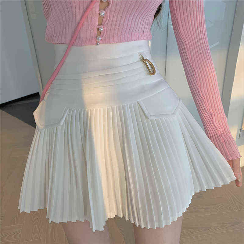 White Pleated Skirts Women High Waist Mini Skirt Metal Letter D Design A-Line Clubwear Korean Sexy Streetwear Show Solid Casual Y220426-image-762598489
