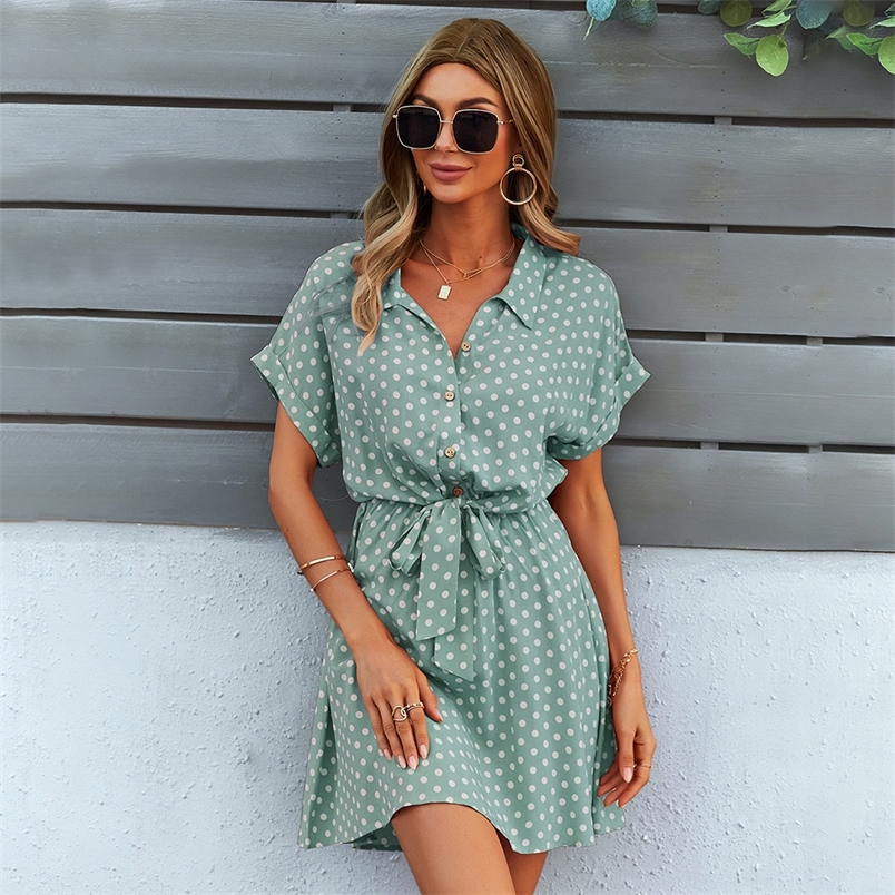 

Beach Summer Shirt Dress Polka Dot Vintage High Waist Mini Casual Women Dresses Loose Short Sleeve Single Breasted Slim Robe 220613, Black