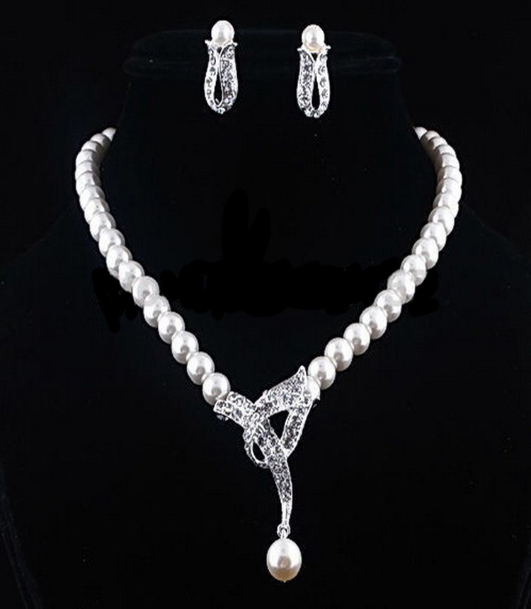 

Pearl Bride Set Chain Alloy Pearl Necklace Earrings Jewelry