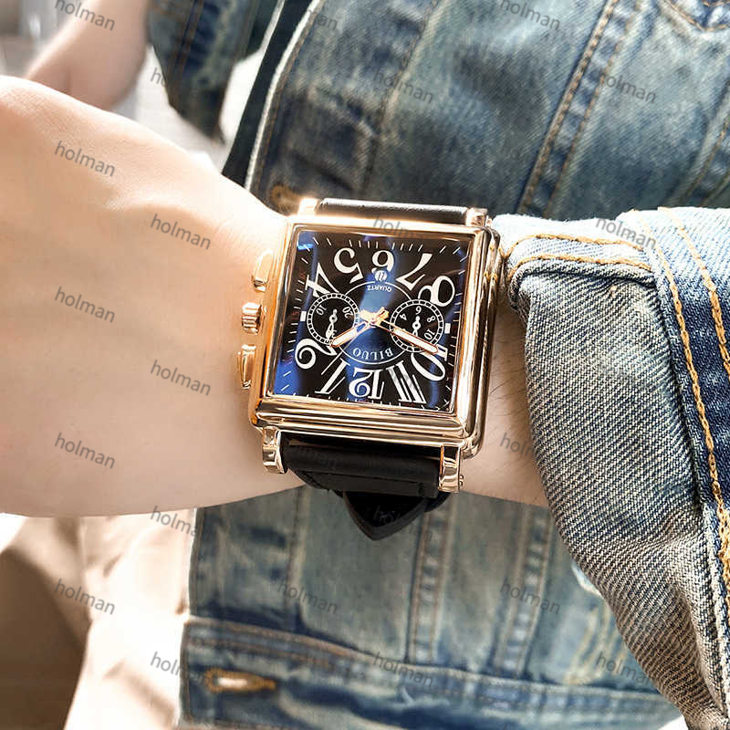 

mens Square watches Large Dial Leather Quartz watch men's personality creative watch calendar NO1, Black belt;black shell;black surface