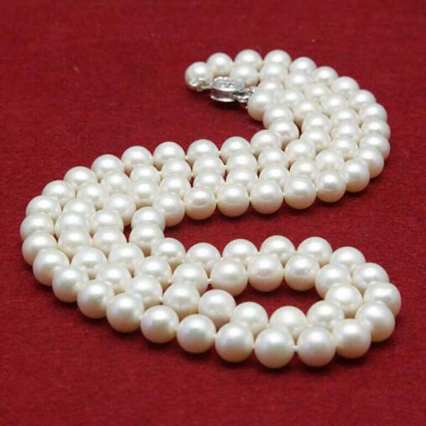 

2 row 8-9mm natural freshwater cultured round white pearl necklace 18"