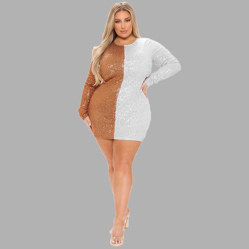 

Plus Size Dresses 4xl 5xl Women Fashion Color Matching Sequin Glittering Party Nightclub Long Sleeve Sexy Hip Dress WholesalePlus, Black