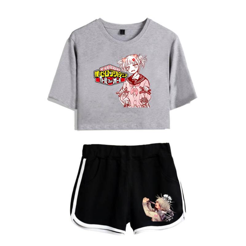 

Men's T-Shirts Fashion Anime My Hero Academia Print Two Piece Set Women Sexy Shorts+lovely T-shirt Cute Dew Navel Sport Girl Suits, 2d