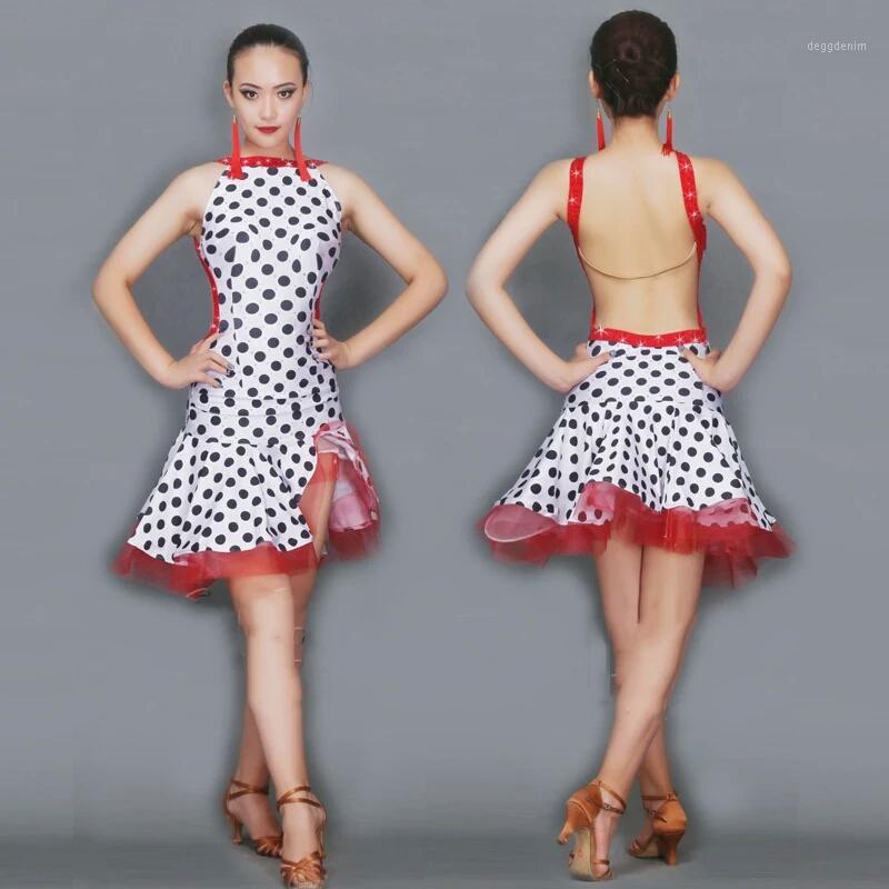 

Latin Dance Costume Sparkly Rhinestones White Polka Dot Competition Dress For Women Sexy Backless Show, As pic