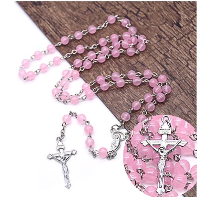 

Pendant Necklaces Pink Glass Bead Cross Rosary Ladies Necklace Virgin Mary Catholic Prayer Chain Jewelry Ornament Gifts For Women Fashion