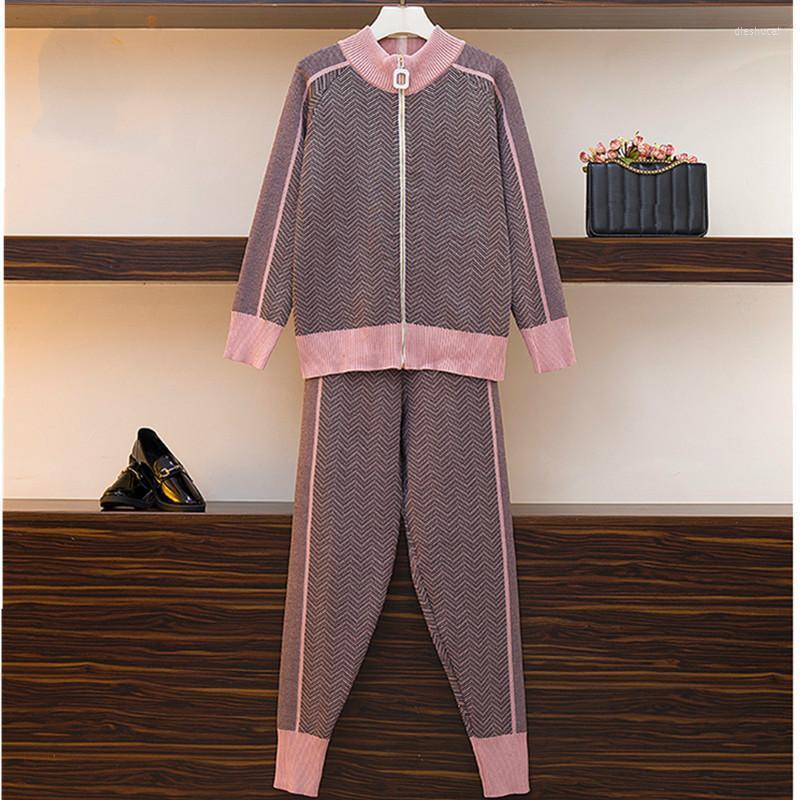 

Two Piece Dress Autumn Women Geometric Knitting Tracksuit Zipper Cardigans Jacket Pants Female Winter Fashion Design 2pcs Sports Set, Photo color
