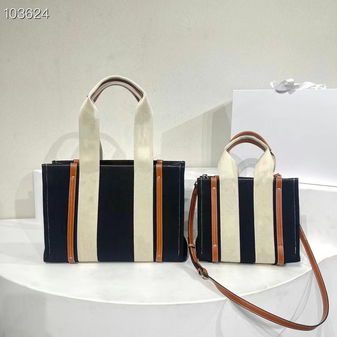 

Woody Canvas Shopping Bag Tote Designer 8 Models Two Sizes Women Purses Large and Small with Strap Lady Crossbody Summer Beach Purses, Denim brown band