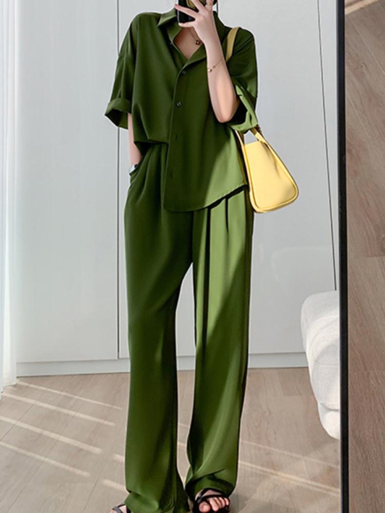 

Women' Two Piece Pants Summer Casual Fashion Women Pieces Set Ladies Elegant Loose Trousers Suit Femme Vintage Solid Korean Outfits Clothes, Green