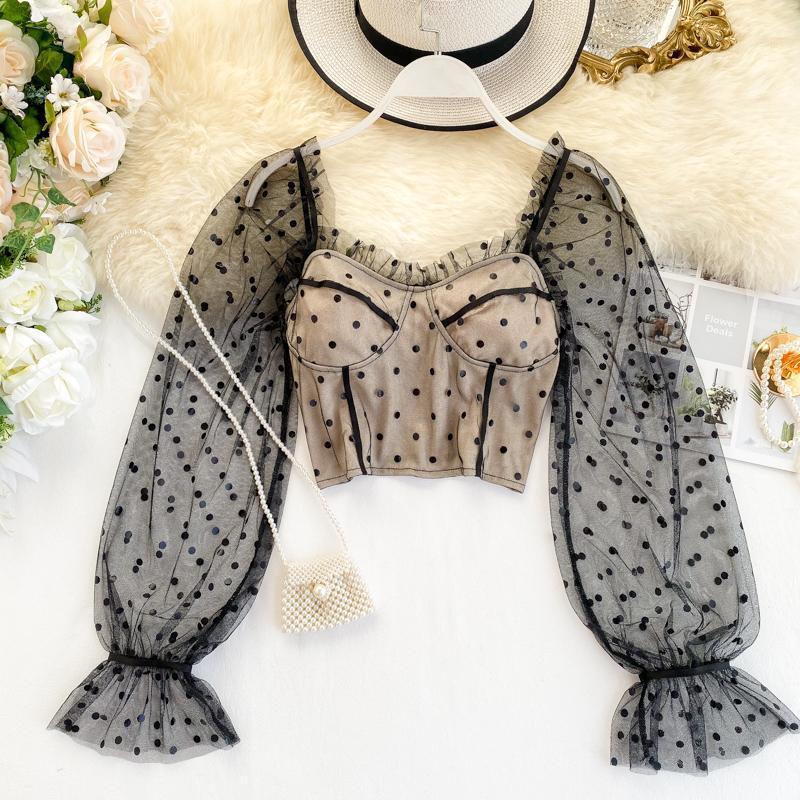 

Chic Long Sleeve Mesh Blouse Women's Sexy Slash Neck Dot Print Short Tops Blusas Femininas Elegante K208 Blouses & Shirts, Black