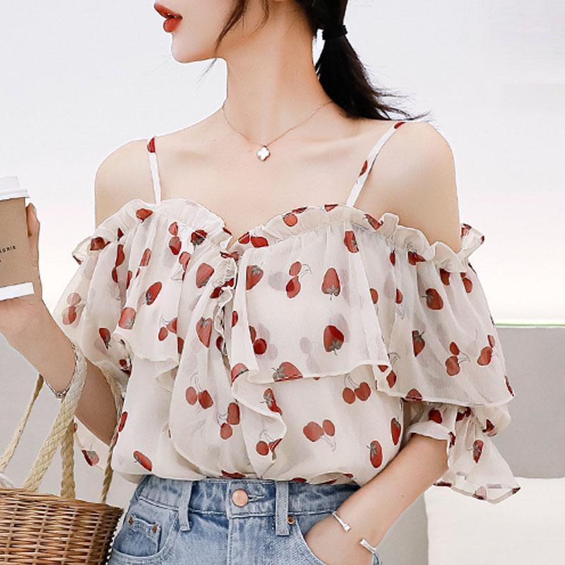 

Women' Blouses & Shirts Blouse Women 2022 Summer Slash Neck Off Shouler Top Short Sleeve Ruffles Dot Chiffon Tops Blusas Mujer D197, As picture