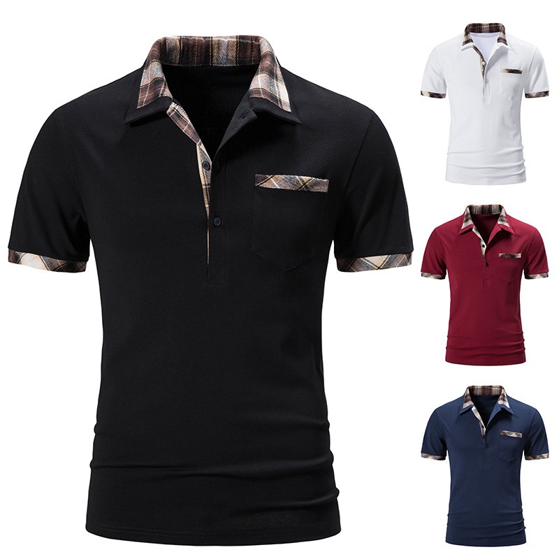 

Men Contrast Plaid Collar Quarter Zip Polo Shirt I1Jc#, Blue