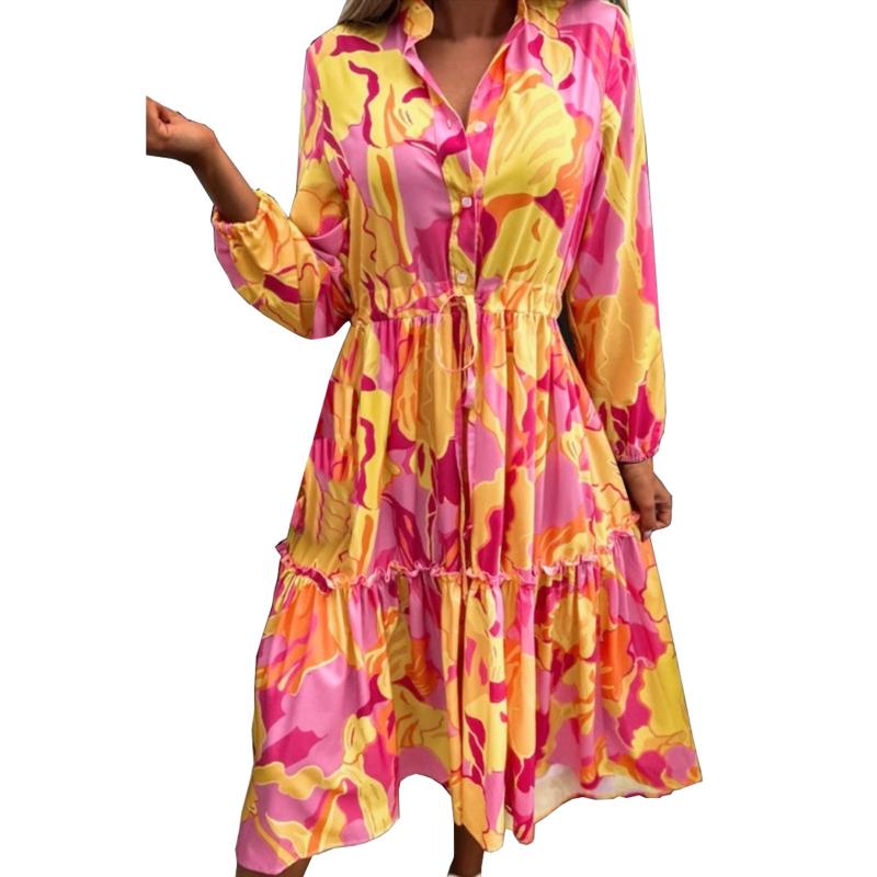 

Casual Dresses Elegant Ruffle Party Women Fashion Flower Print Dress Button Loose Long Sleeve Beach Vestido De MujerCasual, Green