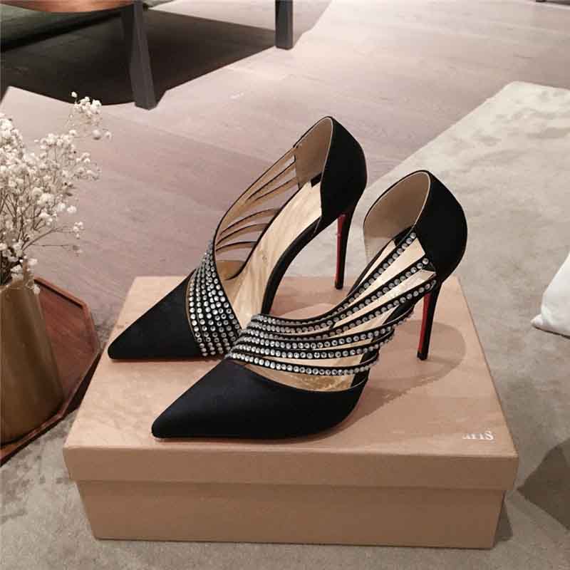 Robe de fête de mariage pompe sandale semelle rouge talons hauts design de luxe noire antinorina strass 100 mm cristal lanière talon pointu avec