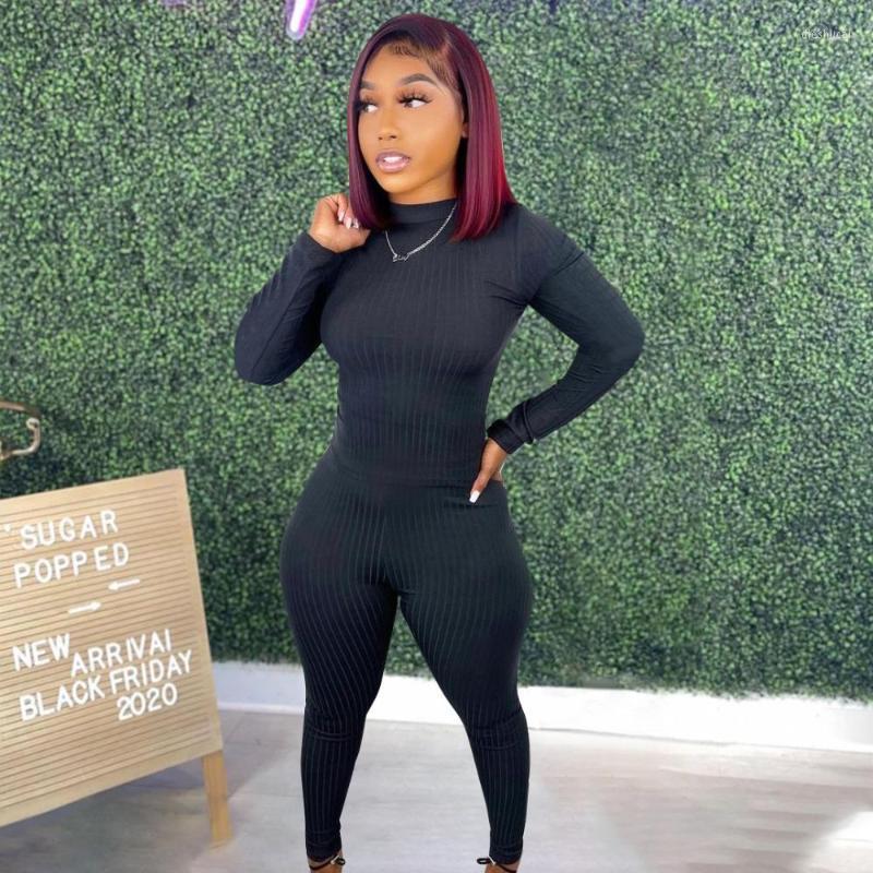 

Women' Two Piece Pants Solid Color Body Shaping Ribbed Knitting 2pcs Leisure Suits Half High Neck Long Sleeve Slim Top Straight Pencil Tigh, Black