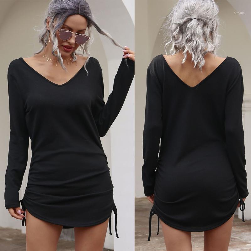 

Women Autumn Casual Knitted Dress Solid Color Long Sleeve V-Neck Ruched Drawstring Stretch Mini For Daily Leisurewear Dresses, Black