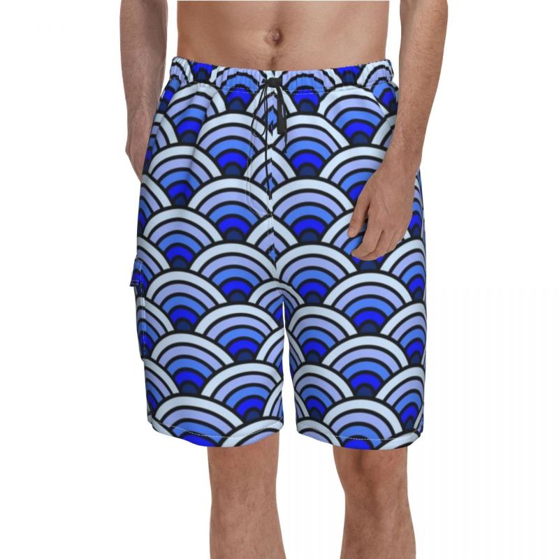 

Men' Shorts Blue Waves Seigaiha Board Traditional Japanese Beach Man Funny Customs Swim Trunks Big Size 2XLMen