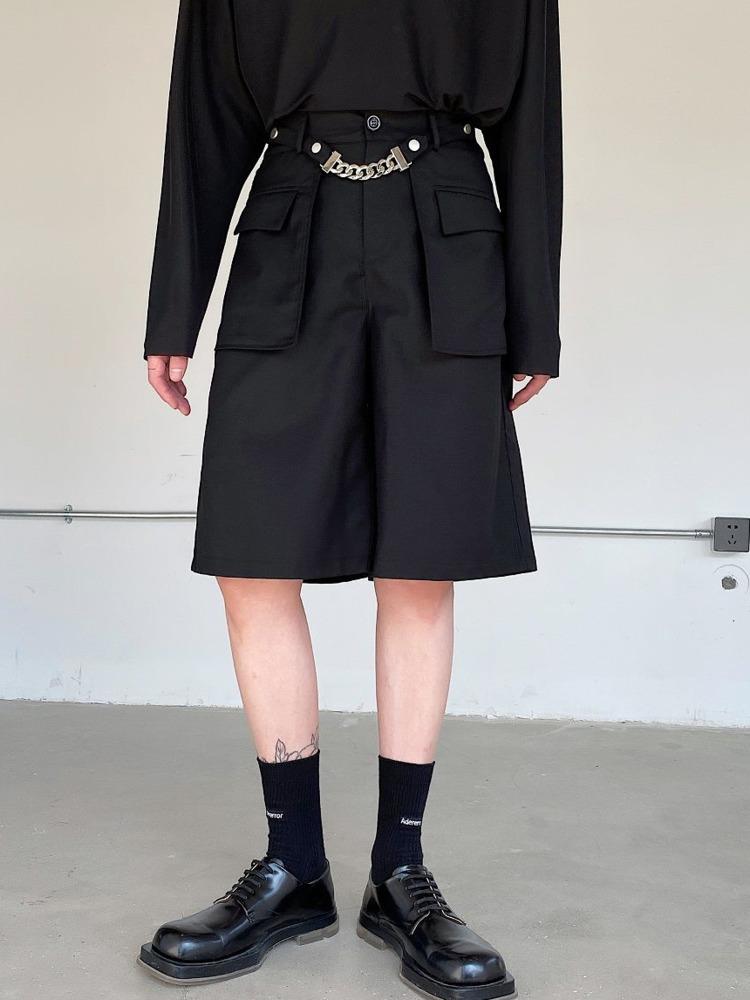 

Men's Shorts High Waist Casual 2022 Summer Men Clothing Korean Fashion Handsome Loose Chain Straight Knee Length BlackMen's, Black