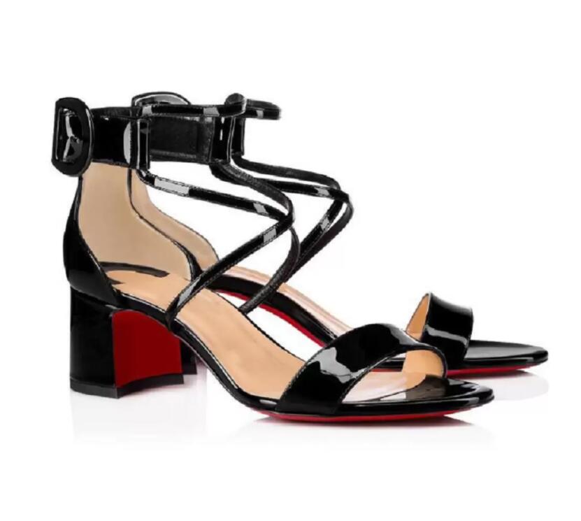 

Designer Choca Patent Leather Sandals Black chunky Heel Red Bottoms Flats Women Shoes Faridaravie Studded Leather With Ankle Strap Party Dress Lady Walking
