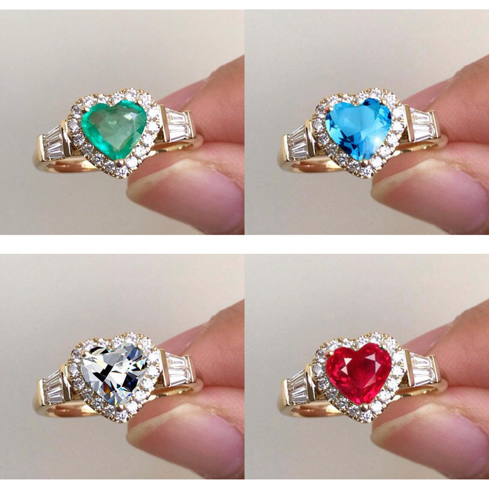 

Princess White Sapphire Gold Emerald Gemstone Diamond Heart Rings for Women Wedding Engagement Jewelry