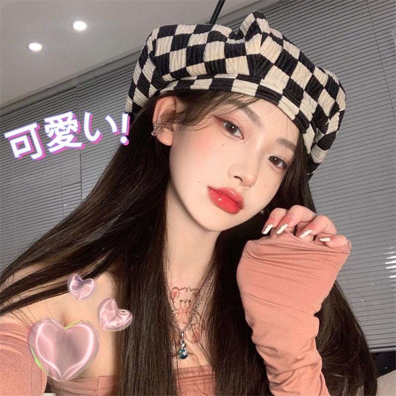 

Berets Autumn Winter Plaid Beret Hats For Women French Fashion Female Houndstooth Black With Adjustable RopeBerets, As picture