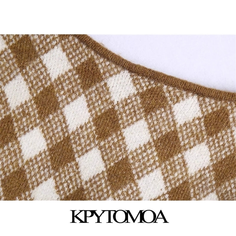 

KPYTOMOA Women Fashion Argyle Cropped Knitted Cardigan Sweater Vintage Long Sleeve Button-up Female Outerwear Chic Tops 201204, As picture