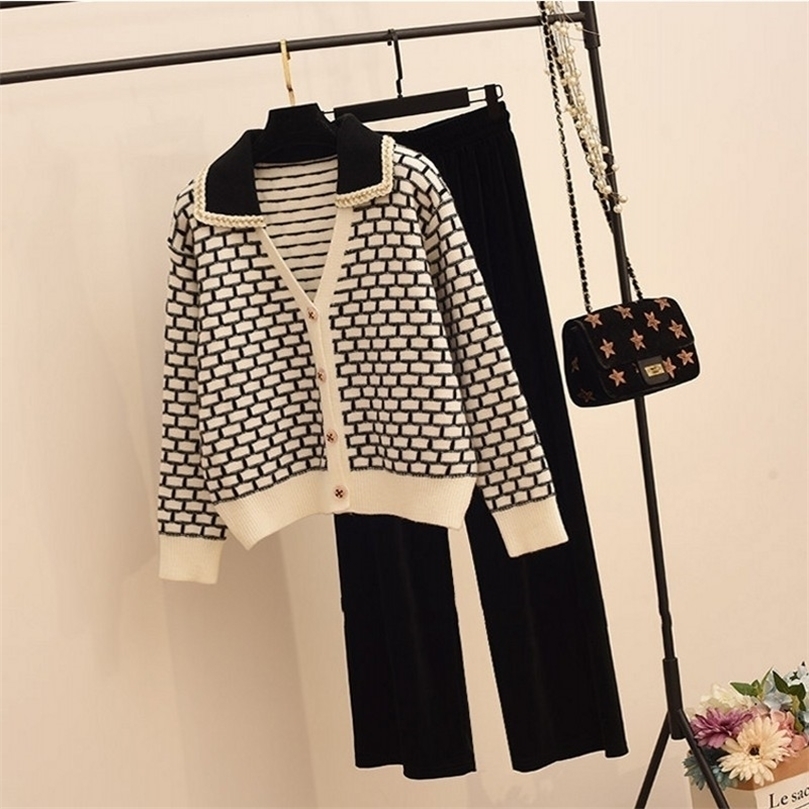 Runway Fall Winter Korean Plaid Elegant Knitted Long Sleeve Cardigan Coat Tops High Waist Wide Leg Pants Suits Two Pieces Set 220817