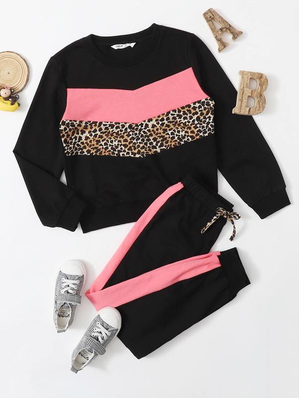 

Girls Leopard and Colorblock Print Pullover & Sweatpants Set SHE, Black
