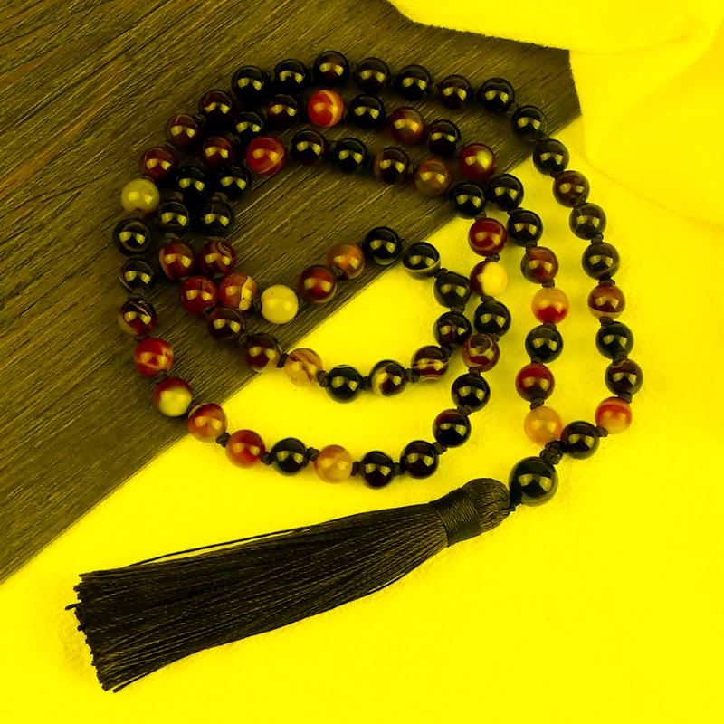 

Pendant Necklaces Luxury 8MM Red Striped Agate Beaded Beacelet Prayer 80 Beads Meditation Tassel Necklace&Bangles Jewelry For Women MenP