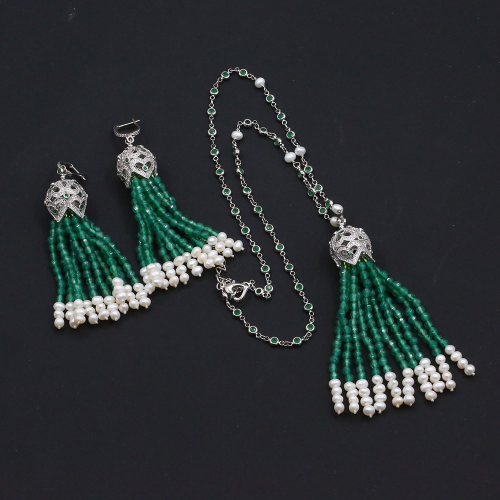 

Naural Green Agate White Pearl Pendant CZ Chain Necklace Earrings Sets Cute Style For Lady Women Gift Jewelry, Light green