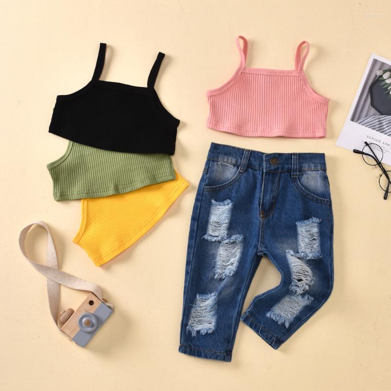 

Clothing Sets Baby Suit Summer Kids Girls Fashion Sling Vest Hole Jeans Outfit Toddler Leisure Sport Crops Clothes1-5 YearsClothing, As picture
