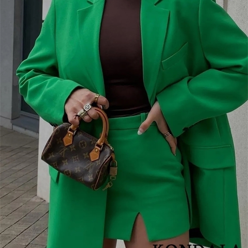 

KONDALA Chic Green Oversized Long V Neck Pockets Office Lady Fashion Jackets Female Elegant Women Blazer 220811, Skirt