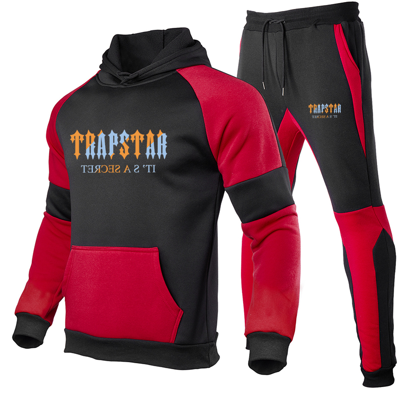 

New Brand TRAPSTAR Men's Hoodie Sportswear Sets Brand Tracksuit Sweatshirt Sweatpants Suit Design Casual Fashion Hooded Tops Man 2 Piece Mal, Black red
