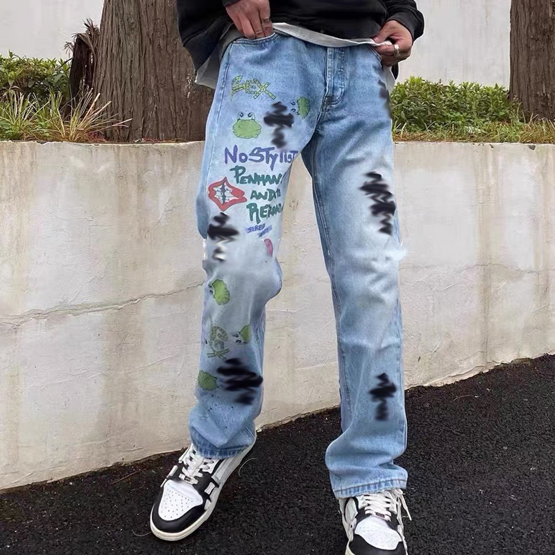 

Leather Cross blue black pants doodle Men Women Jeans Fashion highstreet FZKZ046