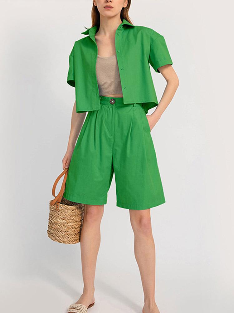 

Women' Tracksuits Women Casual Green Shirt 2 Piece Sets Short Sleeve Cropped Tops High Waist Shorts Suits 2022 Summer Fashion Female Solid