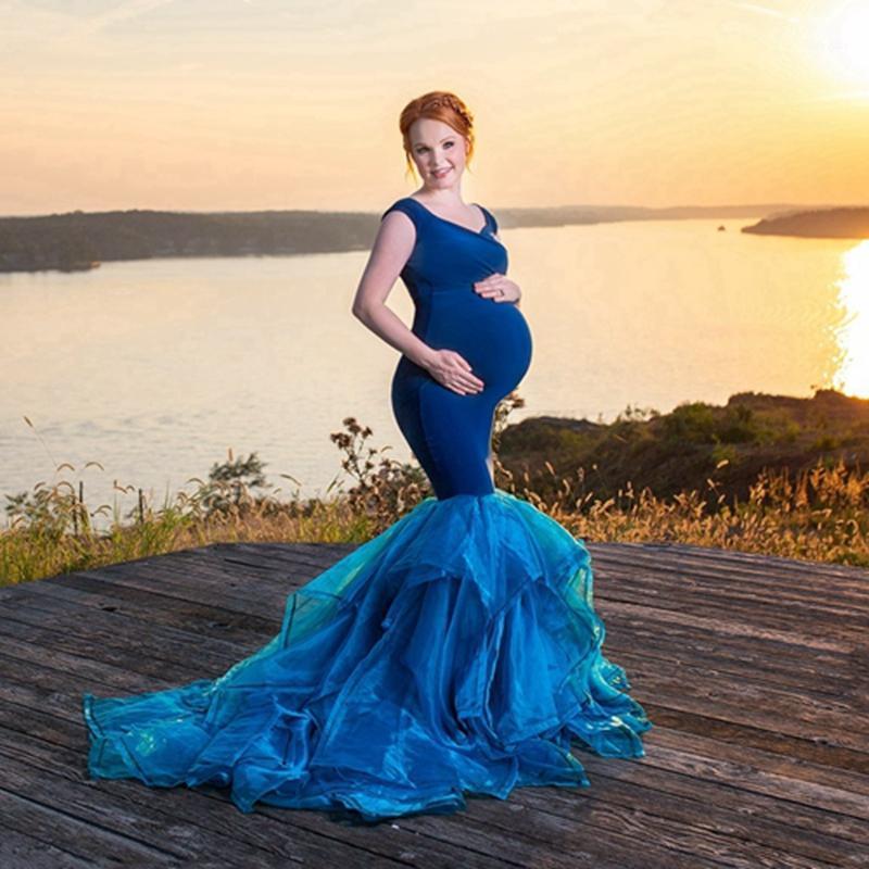 

Casual Dresses Elegant Blue Spandex Tulle Mermaid Pregnancy Dress Pretty V-neck Sleeveless Long Maternity Gowns To Pography Custom Made, Lavender