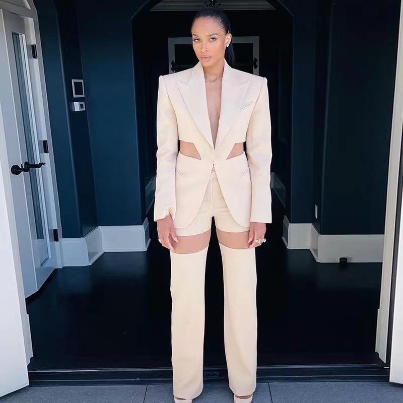 B051 blazers de créateurs pour femmes Vêtements Costumes classiques de dame sexy de haute qualité blazer évidé et pantalon à coutures en maille