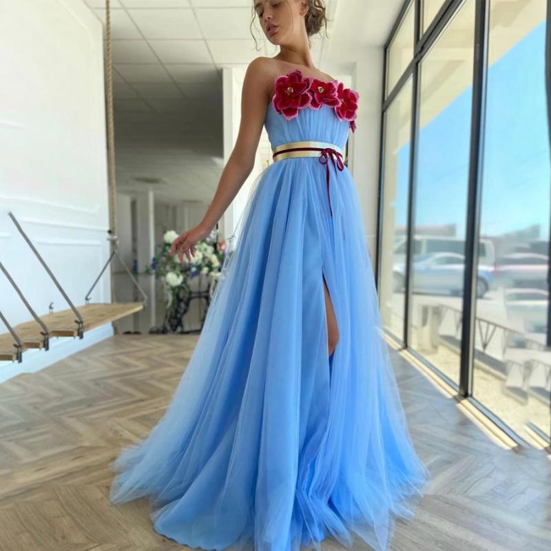 

Party Dresses Strapless Rose Flowers Elegant Blue Tulle Front Slit Prom Dress With Golden Sash Evening Formal Vestido De FormaturaParty, Beige