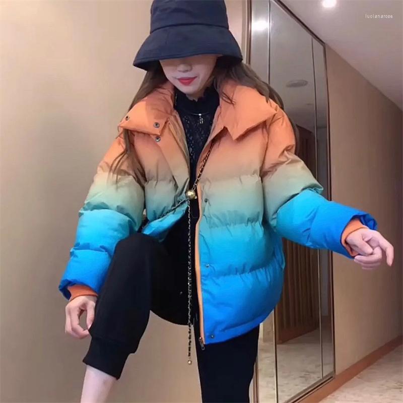 

Women' Down & Parkas Korean Hooded Gradient Color Puffer Jacket Women Fashion Casual Loose Zip-up Coat Ladies 2022 Winter Thick Warm Parka, Blue
