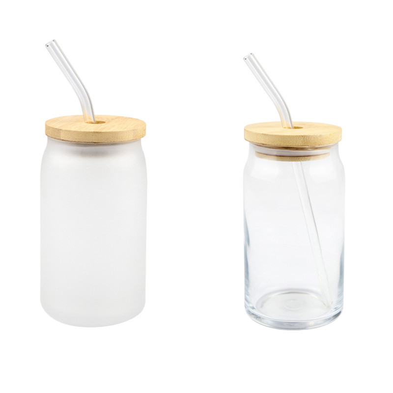 

16oz Sublimation Glass Can Blank Heat Transfer Beer Mugs Frosted Glass Tumbler with lid and straw, Multi