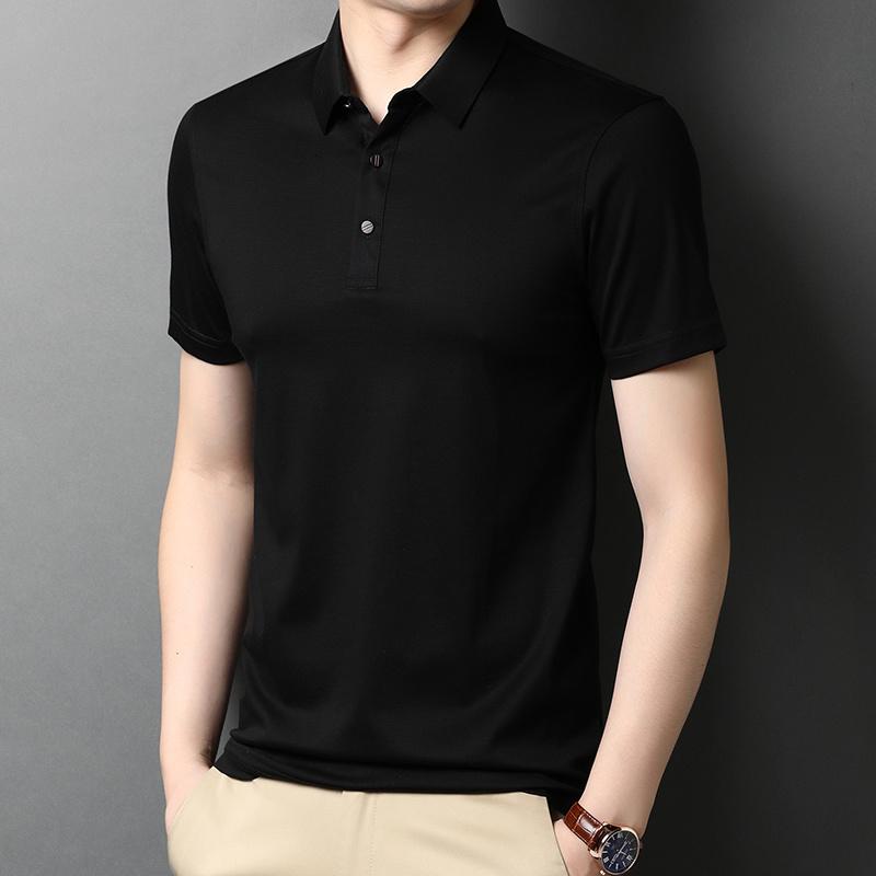 

Men's Polos Short-Sleeved T-shirt Mulberry Silk Summer Solid Color Collar Shirt Casual Light Thin Men's TopMen's Men'sMen's, Black