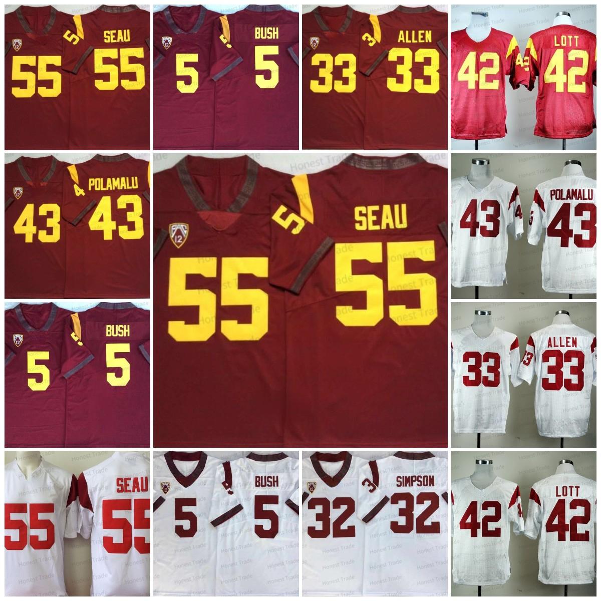 

NCAA USC Trojans College Football Jerseys 33 Marcus Allen White 42 Ronnie Lott 32 OJ Simpson Red 55 Junior Seau 5 Reggie Bush Men Jersey, Men;as