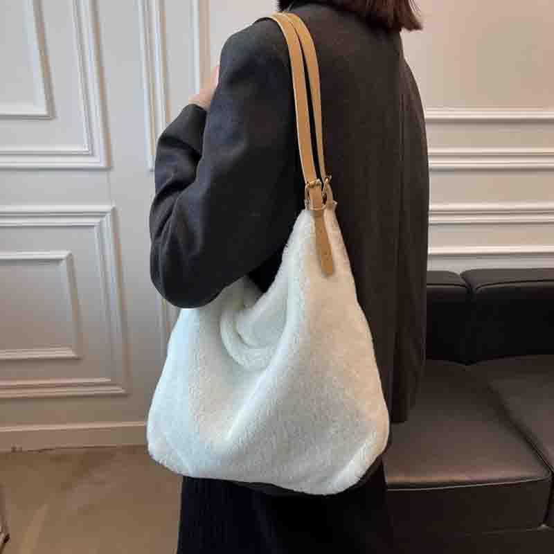 

Evening Bags Simple Women Soft Plush Hobos Shoulder Winter Furry Ladies Clutch Purse Handbag Fashion Female Baguette Underarm Bag, White
