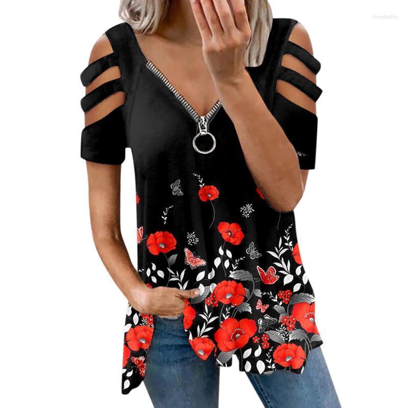 

Women's Blouses & Shirts Women Female 2022 Casual Printed Top Zipper V Neck Off Shoulder Short Sleeve Blouse Sexy Femme Hole Out ShirtWomen', Blue
