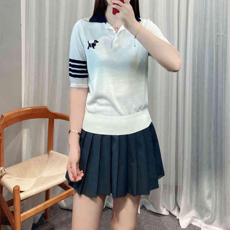 Chandails pour femmes Tencel High Version TB Pull Four Bar Polo Collar Dog Jacquard Classic Pullover Clain Short's Fime's Thin Top 9J0W