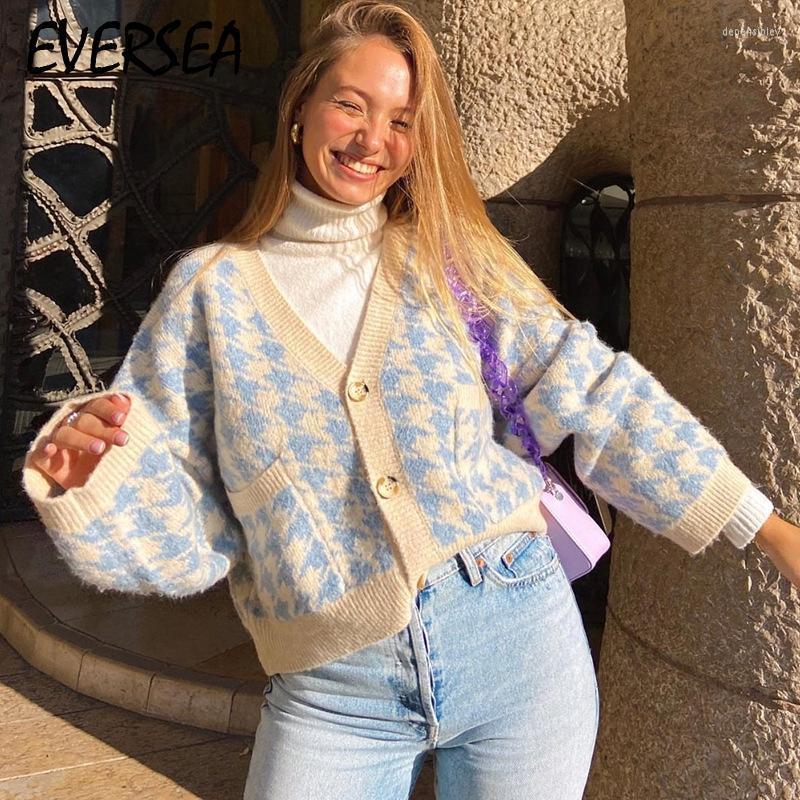 

Women' Knits & Tees Eversea Autumn Winter Plaid V Collar Sweater Contrast Color Single Breasted LadyCausal Cardigan Depe22, Blue