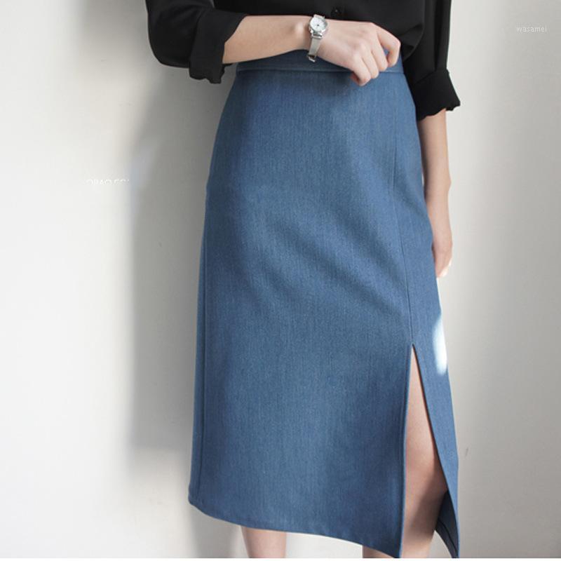 

Skirts Spring Autumn Cotton Women Skirt Elegant Solid Color Split High Waist A-line Office Lady Blue Womens Long