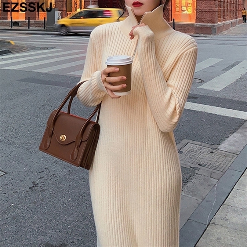 

autumn winter warm Loose zipper thick sweater dress for women staight dres loose long Female chic 220402, Beige