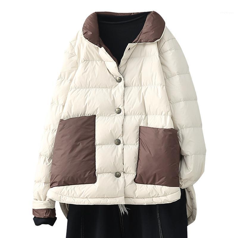

Women's Trench Coats Winter Down Jacket Retro Women Loose White Duck Jackets Tops Turtleneck Button Pocket Blended Female Coat, Beige