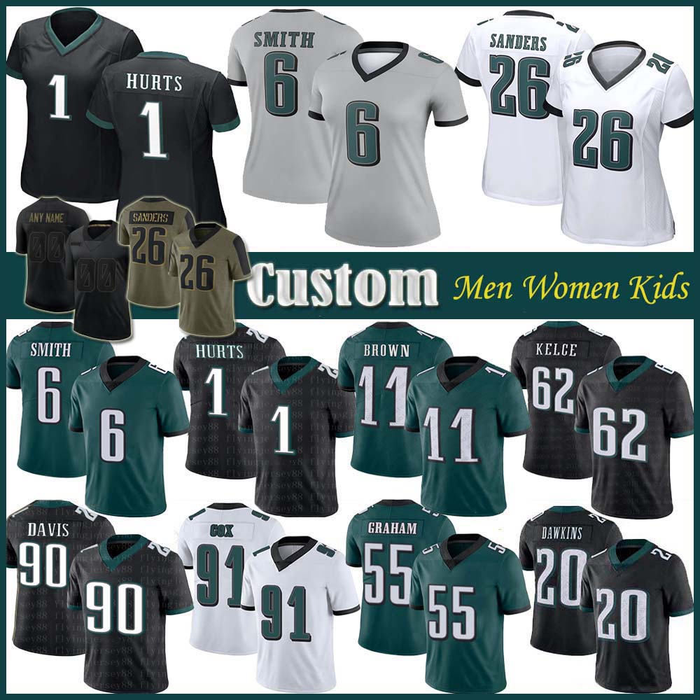 

11 A.J. Brown 6 DeVonta Smith Custom Men Women Kids Football Jersey 90 Davis 17 Dean 62 Jason Kelce 1 Jalen Hurts 20 Brian Dawkins Fletcher Cox Miles Sanders Brandon Graham, Shown